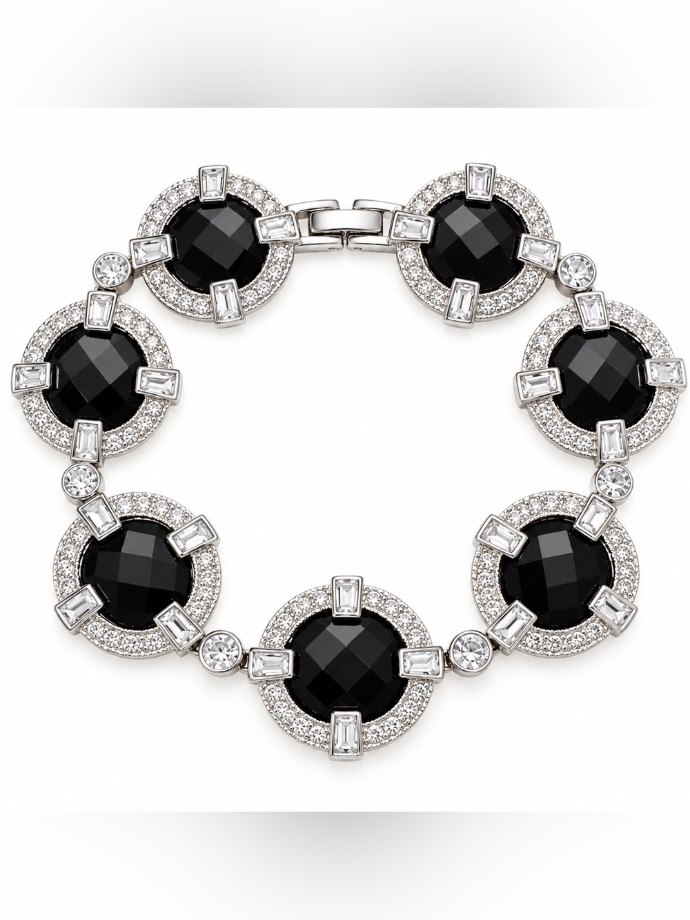 Vintage MONET Signed Black Crystal Rhinestone Statement Bracelet Silver Tone